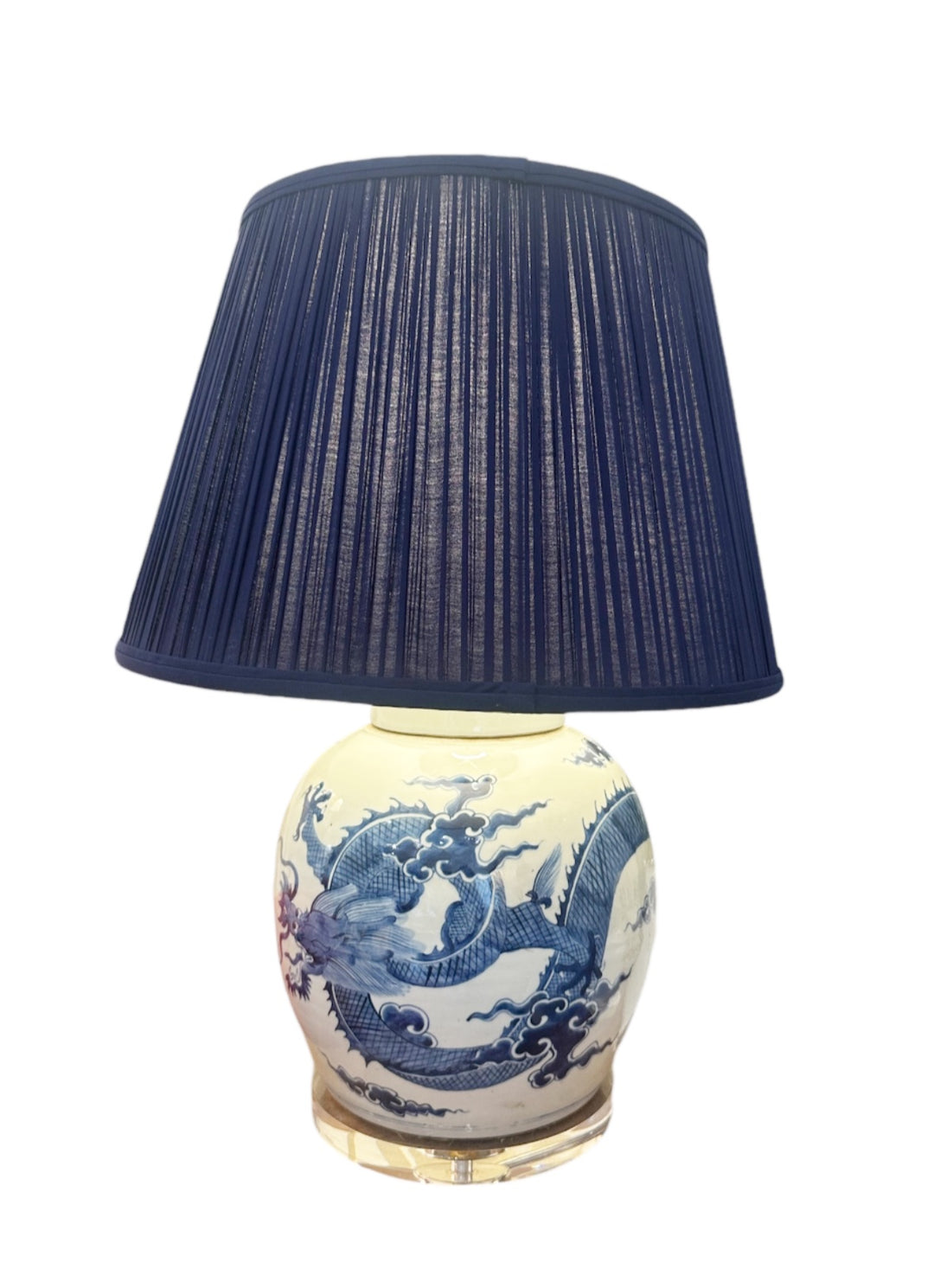 Blue & White Dragon Ginger Jar Lamp with Navy Empire Pleated Shade