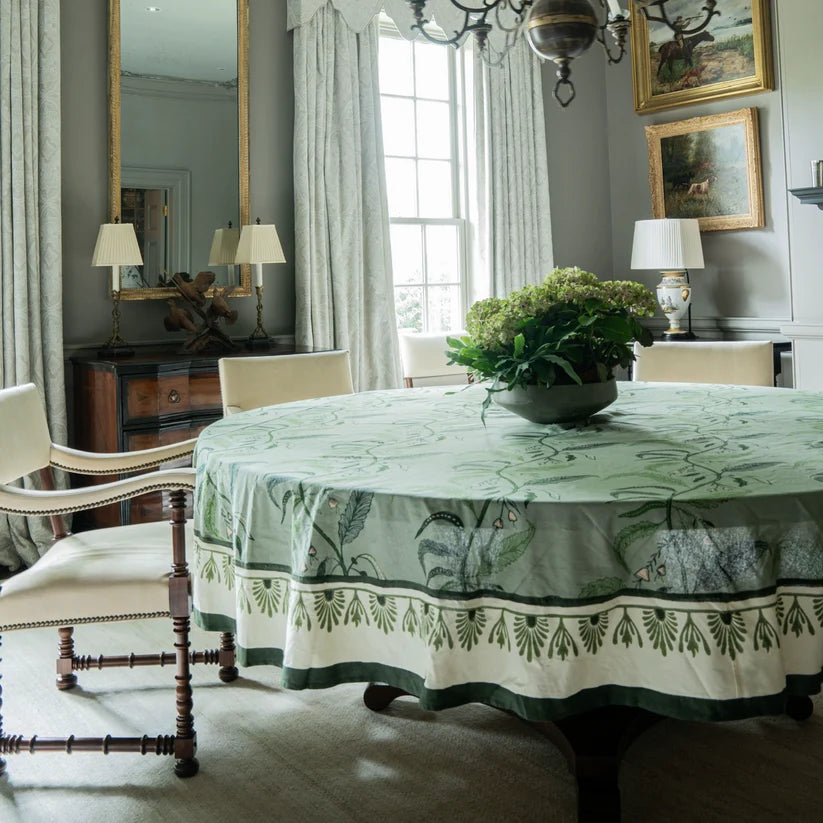 Tuileries Tablecloth in Evergreen. 108" Round | Maison Venu