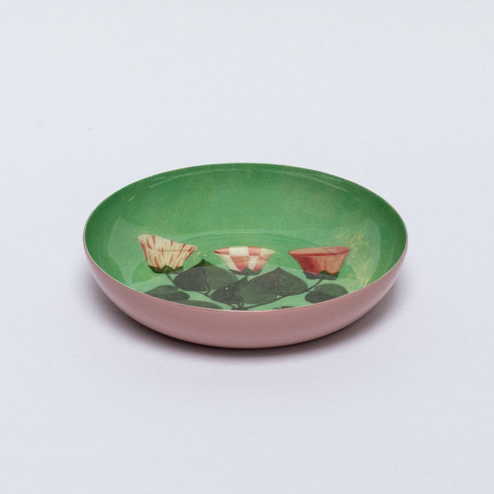 Floral Round Enamel Tray in Green