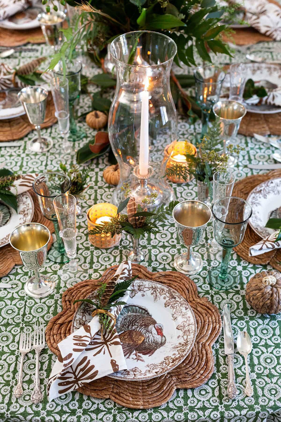 Feathered Tile Tablecloth in Green,  120" x 70"