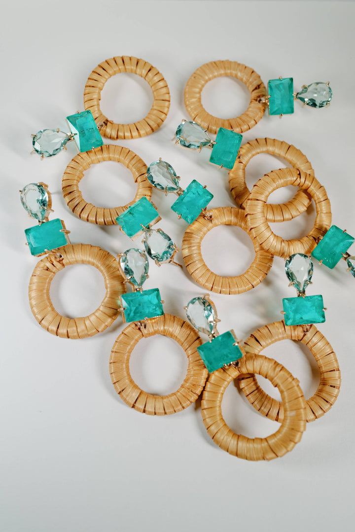 Rattan Circle Drop Earrings, Turquoise