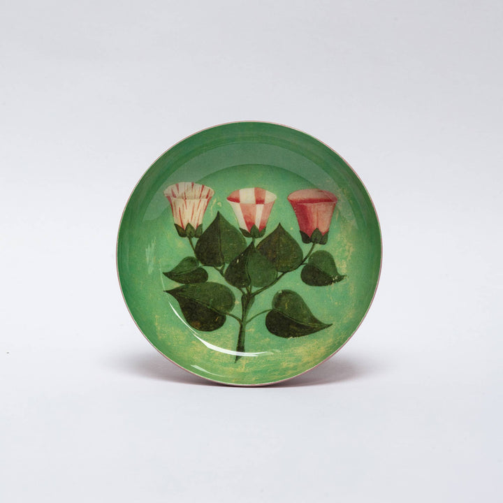 Floral Round Enamel Tray in Green