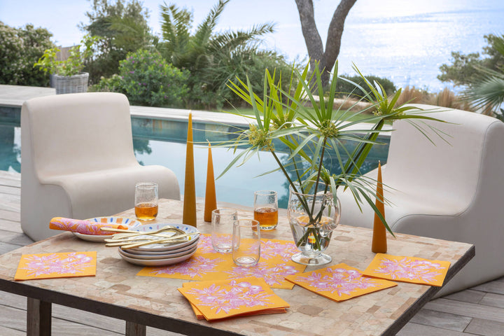 French Disposable Linen Cocktail Napkins, Orange and Purple Floral