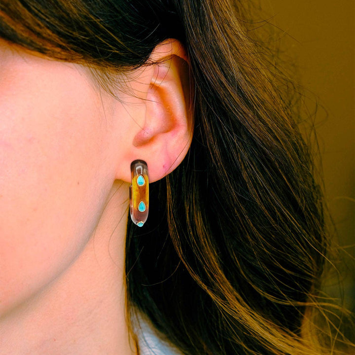 Tortoise Hoop Earrings with Turquoise Stones