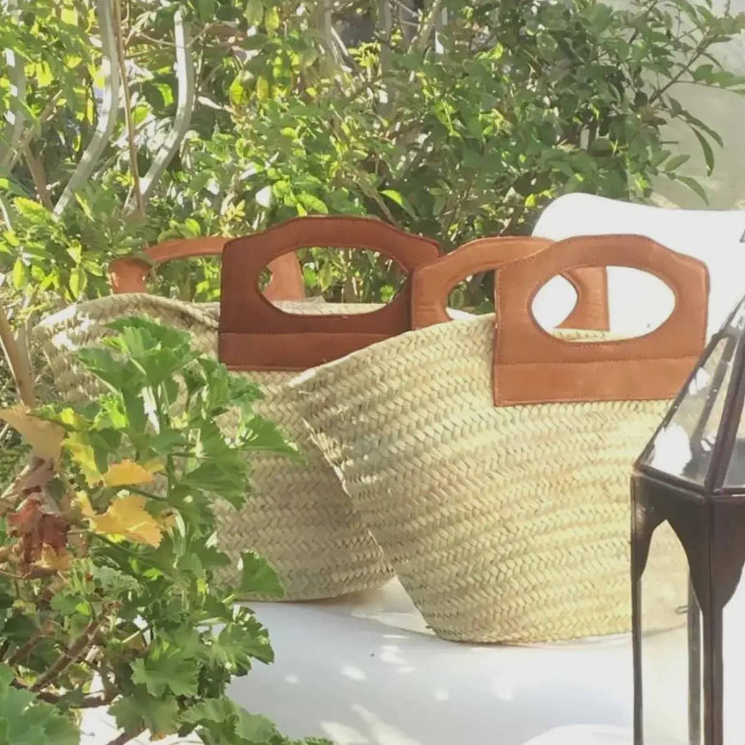 Handmade Moroccan French Market Basket with Leather Handles