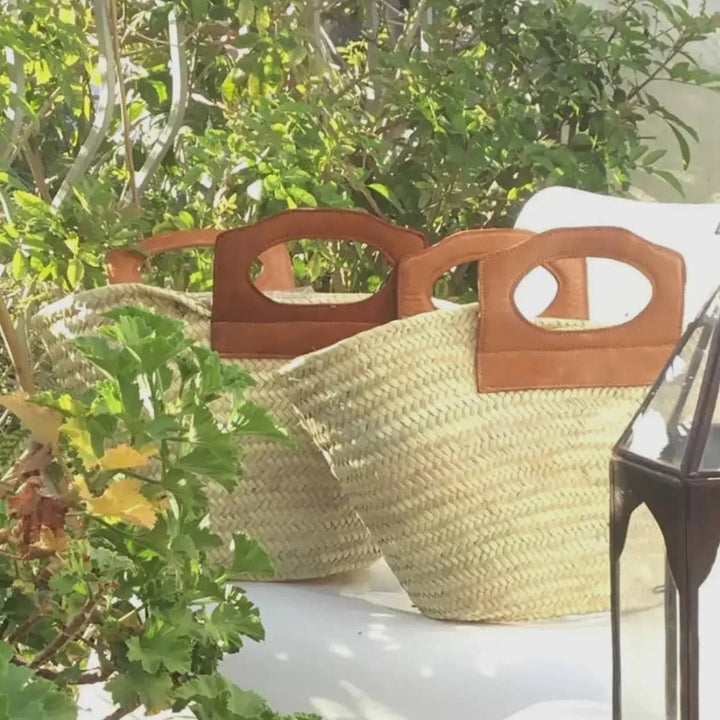 Handmade Moroccan French Market Basket with Leather Handles