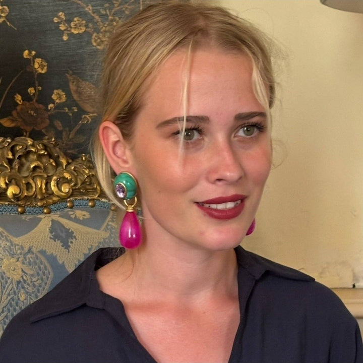 Malchite and Fuschia Resin Removable Drop Earrings