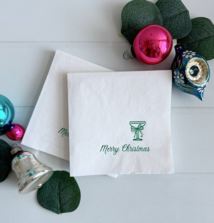 Merry Christmas Coup Glass & Bow Cocktail Napkins