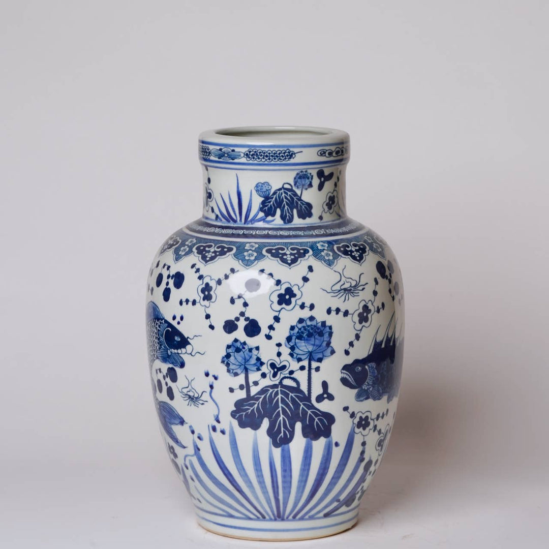 Blue and White Fish and Lotus Vase