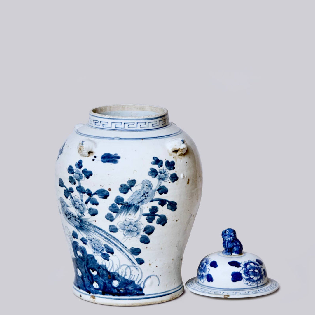 Blue and White Bird and Flower Temple Jar