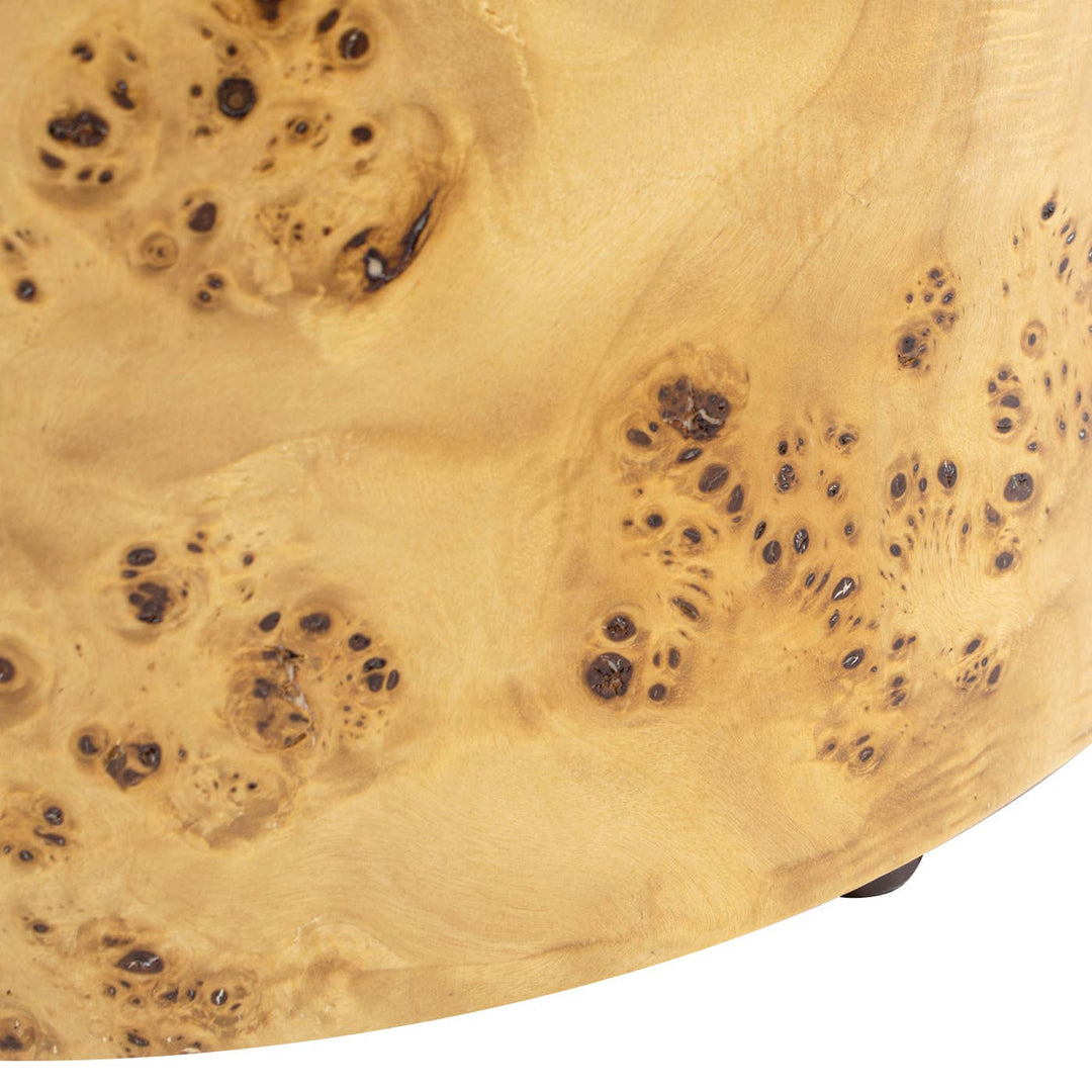 Burl Wood Upholstered Ottoman, Round
