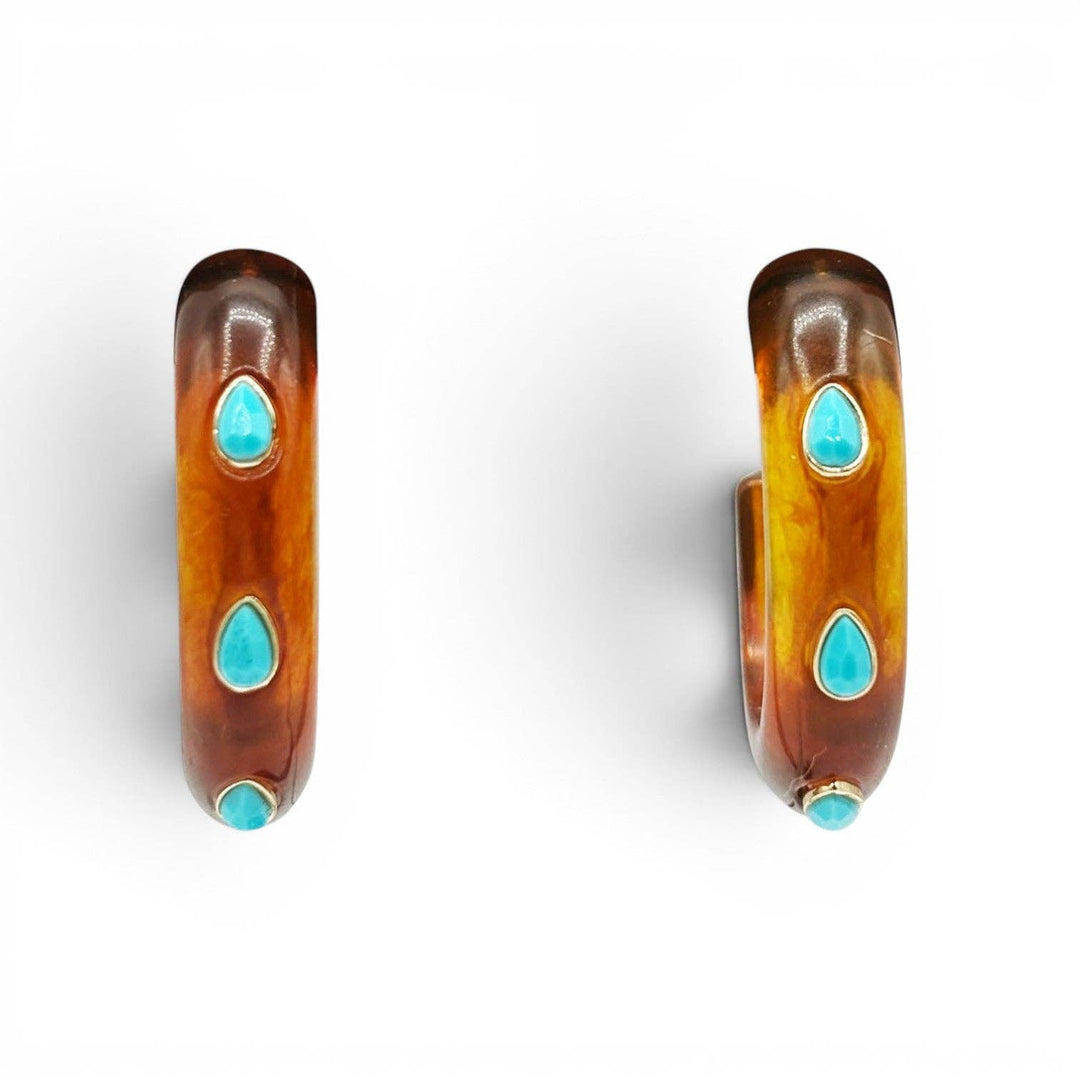 Tortoise Hoop Earrings with Turquoise Stones