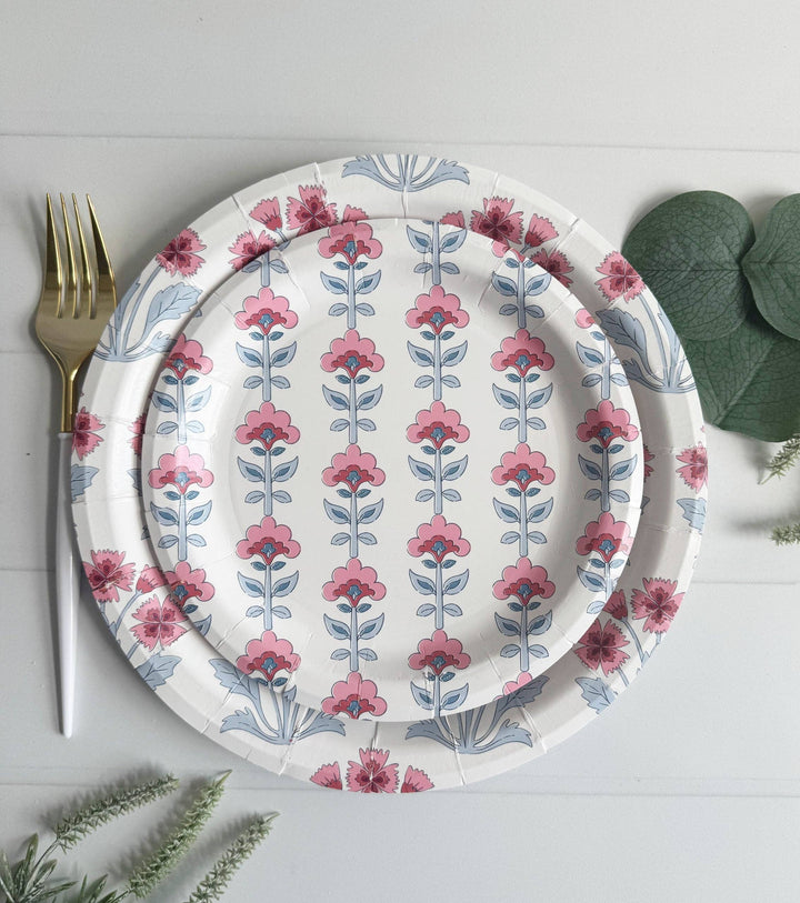Pink & Blue Floral Block Print Dinner Plates