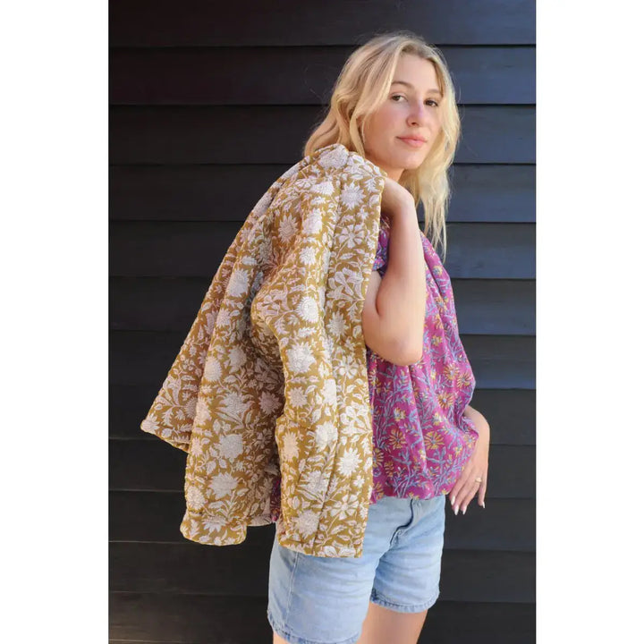 Short Quilted Jacket, Floral Block Print