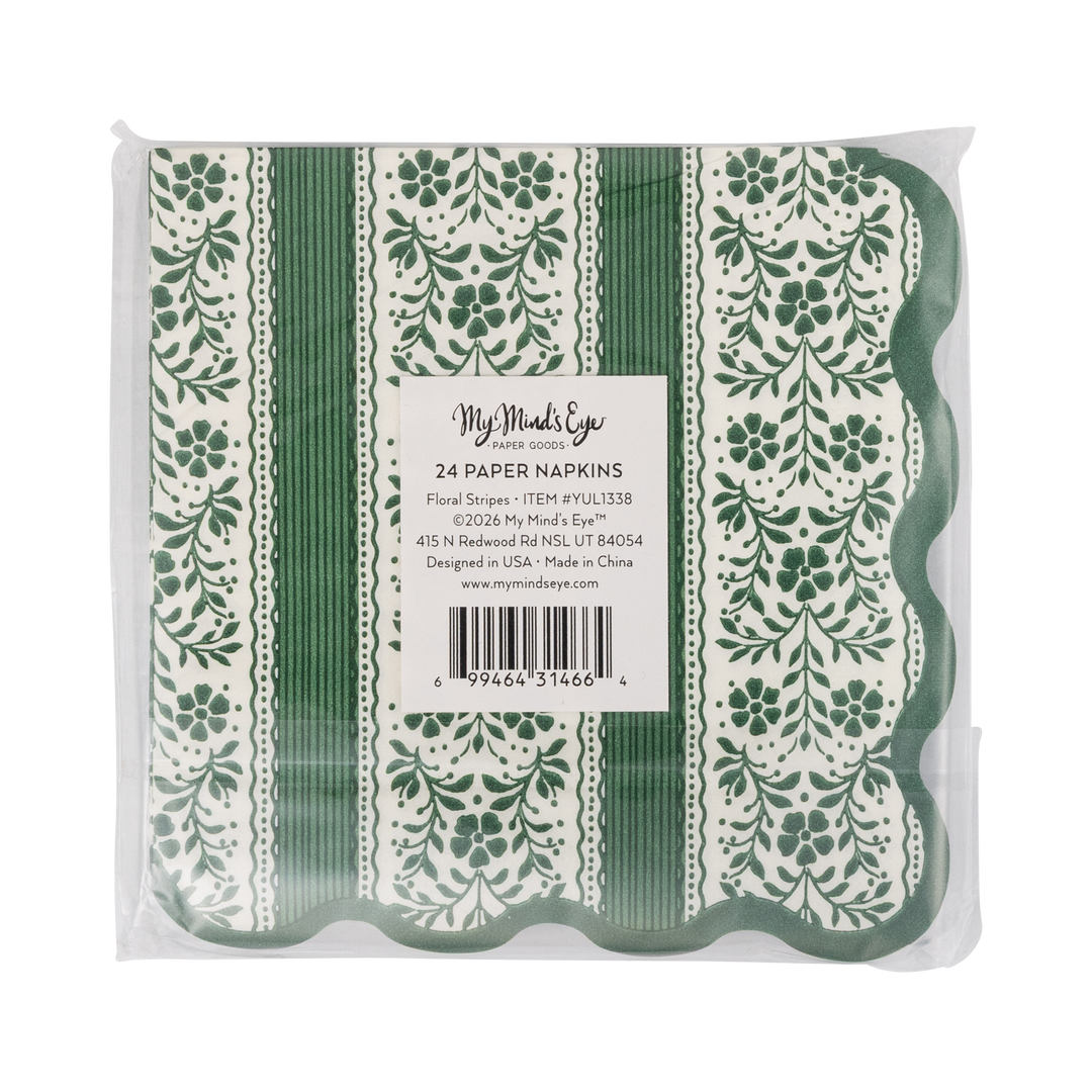 Floral Stripe Christmas Cocktail Napkins, Green