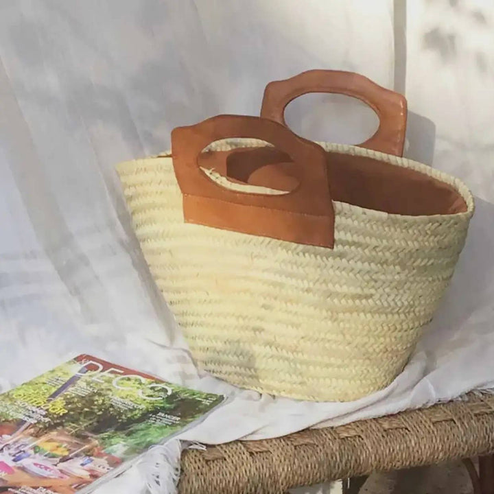 Handmade Moroccan French Market Basket with Leather Handles