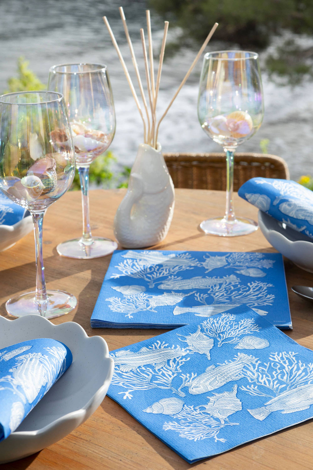 French Disposable Linen Cocktail Napkins, Blue Coral