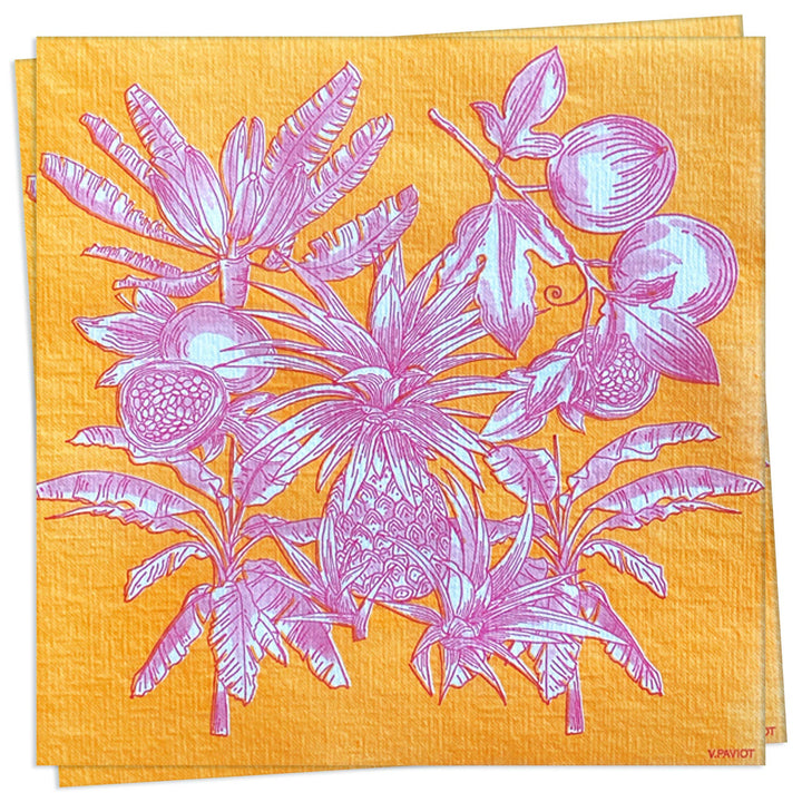 French Disposable Linen Cocktail Napkins, Orange and Purple Floral