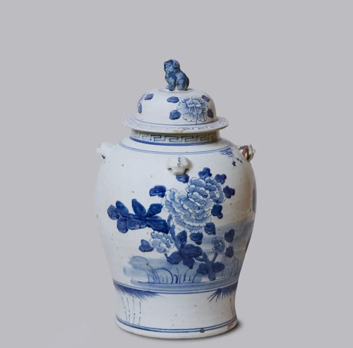 Blue & White Temple Jar with Lid, Floral