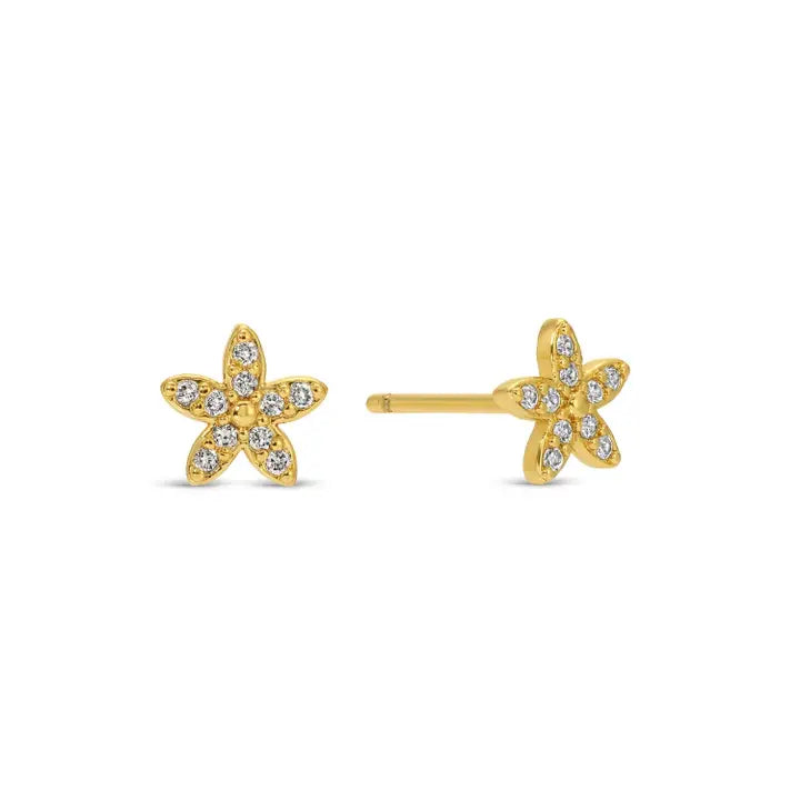 Pave Flower Stud Earrings on Velvet Tag, Gold