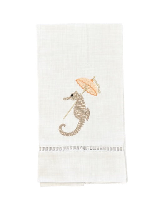 Seahorse Linen Guest Towel in Coral