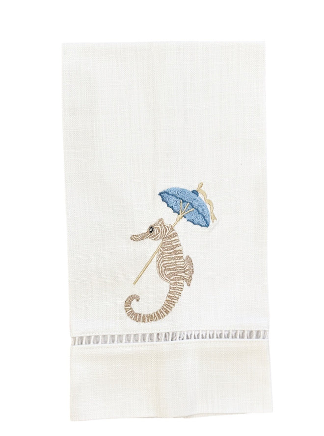 Seahorse Linen Guest Towel in Light Blue