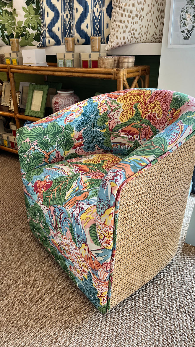 Cane Swivel Chairs in Thibaut "Pagoda Trees" Fabric, Pink and Green