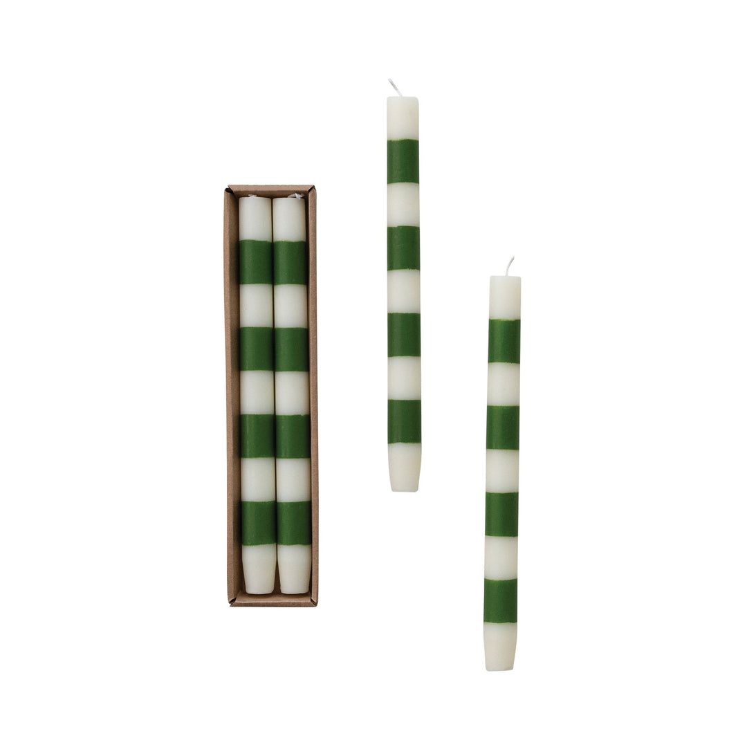 Unscented Taper Candles with Stripes in Box & Green, Set of 2 (Est. Burn Time 10 Hours)